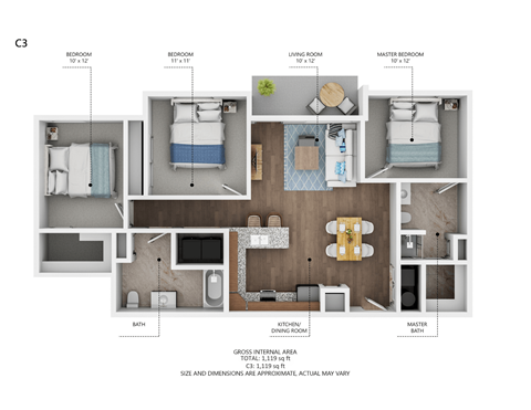 Floor plan for 3 beds, 2 baths, 1119 sqft